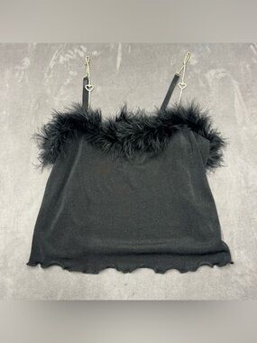 POSTER GRL Black Feather-Trim Cami with Rhinestone Heart Straps women’s XL Y2K